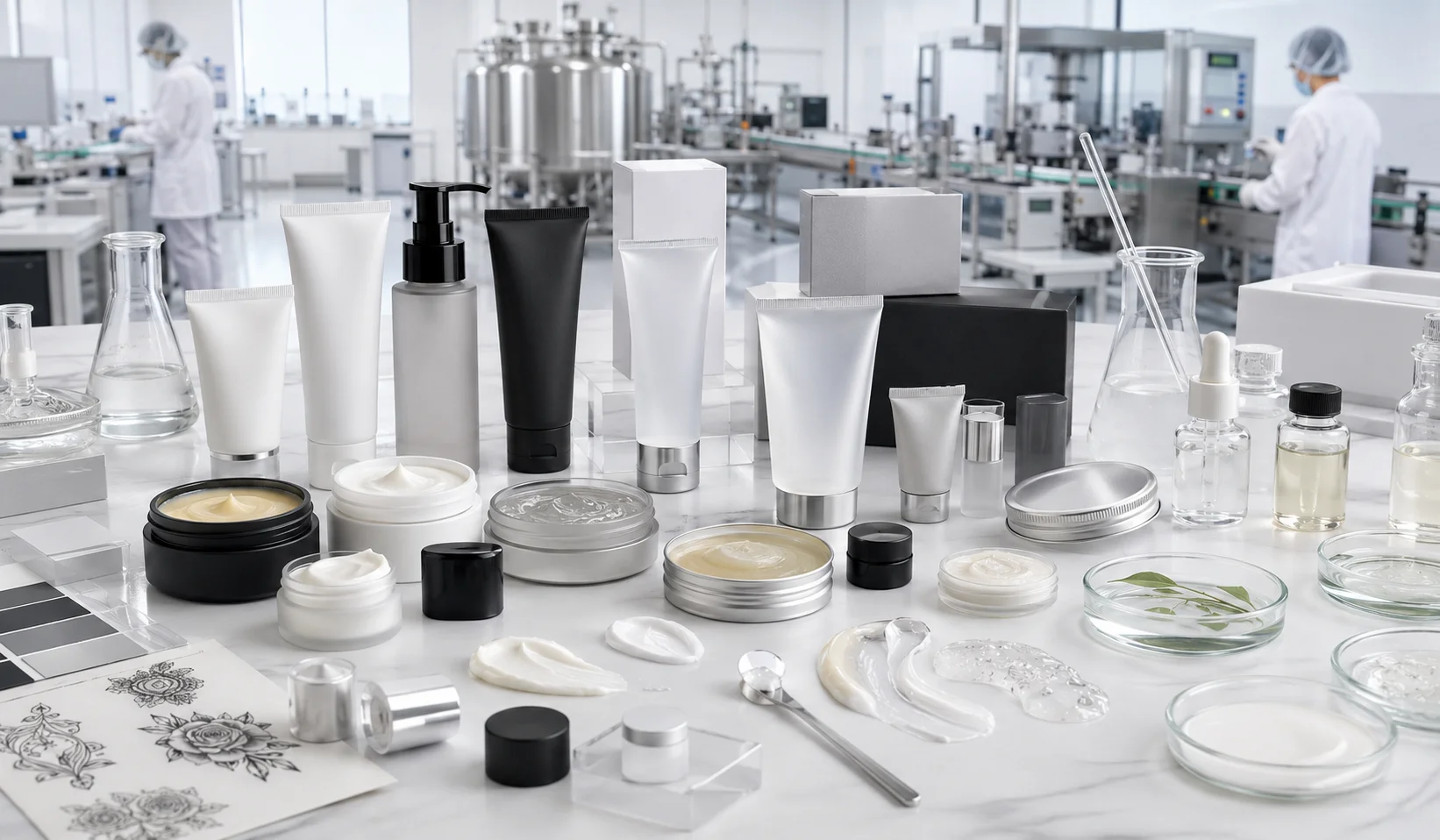 Various cosmetic product containers and sample materials arranged on a table in a laboratory setting, with laboratory equipment and workers in the background.